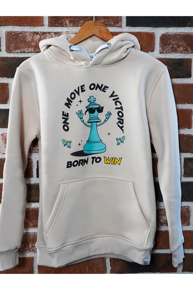 Çocuk Bej Satranç Kapüşonlu Sweatshirt – Born to Win Şah Desenli resmi